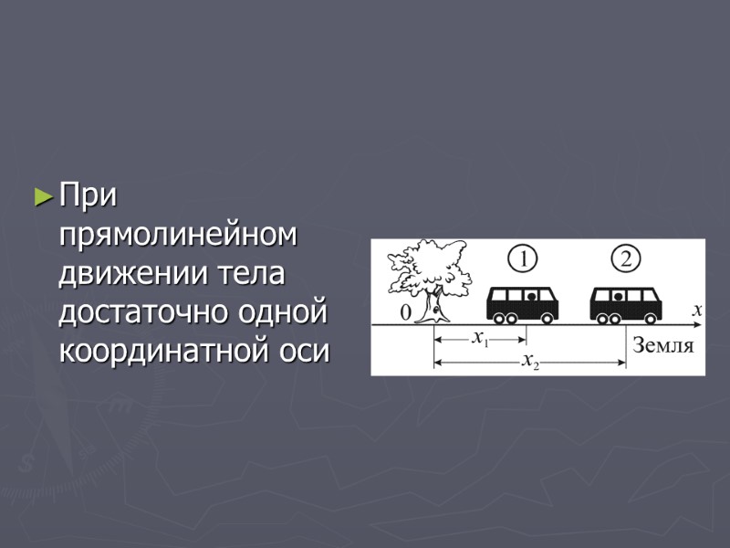 При прямолинейном движении тела достаточно одной координатной оси